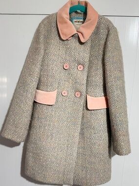 Mini Boden Pastel Herringbone Wool Pea Coat with Pink Velvet Trim Size 7-8Y
